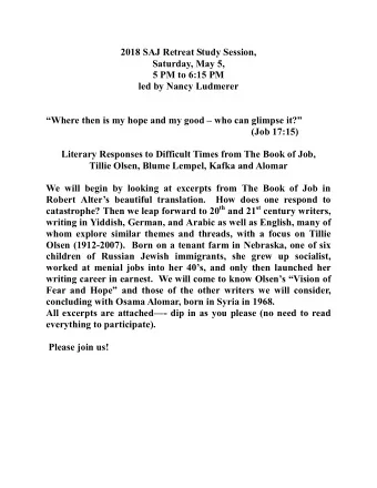 2018 SAJ Retreat Study Session,  Saturday, May 5,  5 PM to 6:15 PM  led by Nancy Ludmerer  Where