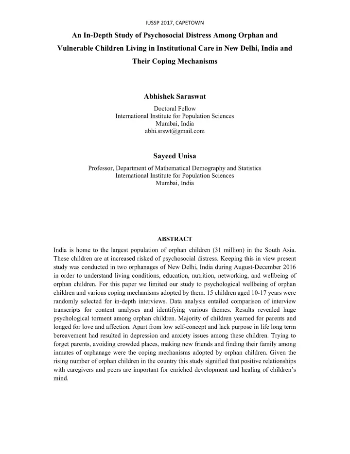 an in depth study of psychosocial distress among orphan