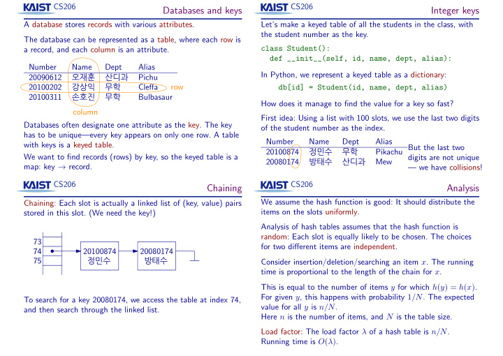 databases and keys integer keys