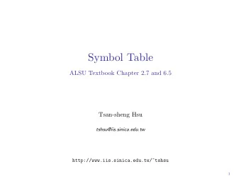 Symbol Table  ALSU Textbook Chapter 2.7 and 6.5  Tsan-sheng Hsu  tshsu@iis.sinica.edu.tw