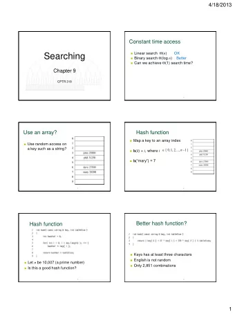 Searching  Binary search  (log n )    Better  Can we achieve  (1) search time?  Chapter 9