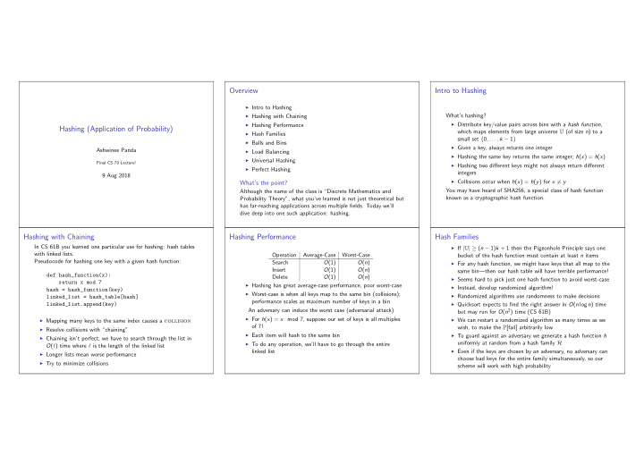 overview intro to hashing