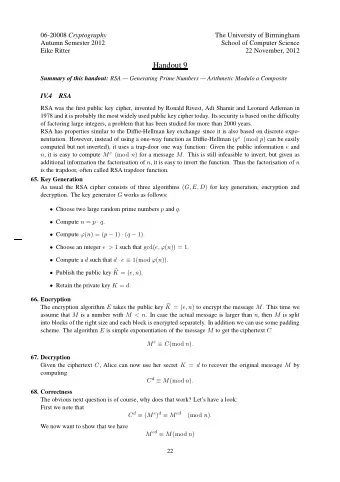 Handout 9 Summary of this handout: RSA  Generating Prime Numbers  Arithmetic Modulo a