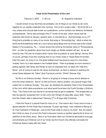 Feast of the Presentation of the Lord  February 2, 2020      11:30 a.m.  St. Augustine Cathedral  I