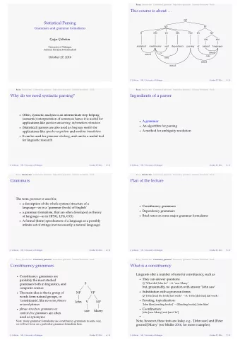 Statistical Parsing  October 27, 2016  Dependency grammars  Grammar formalisms  Finale  Plan of the