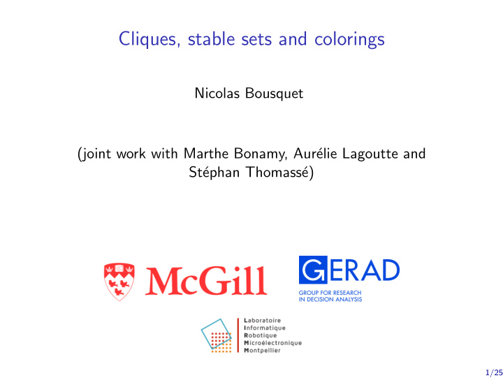 cliques stable sets and colorings