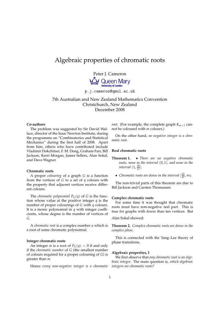 algebraic properties of chromatic roots