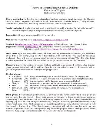 Theory of Computation (CS6160) Syllabus  University of Virginia  Professor Gabriel Robins Course