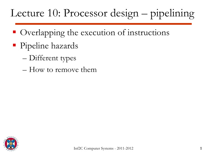lecture 10 processor design pipelining