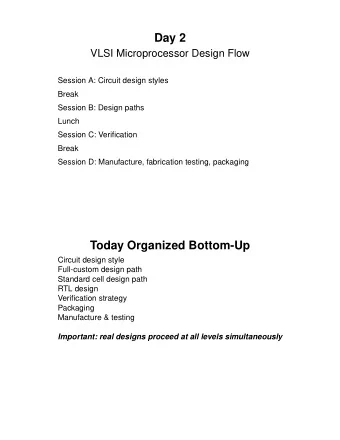 Day 2  VLSI Microprocessor Design Flow  Session A: Circuit design styles  Break  Session B: Design