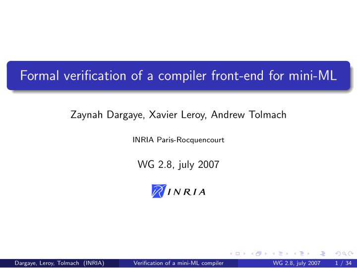 formal verification of a compiler front end for mini ml