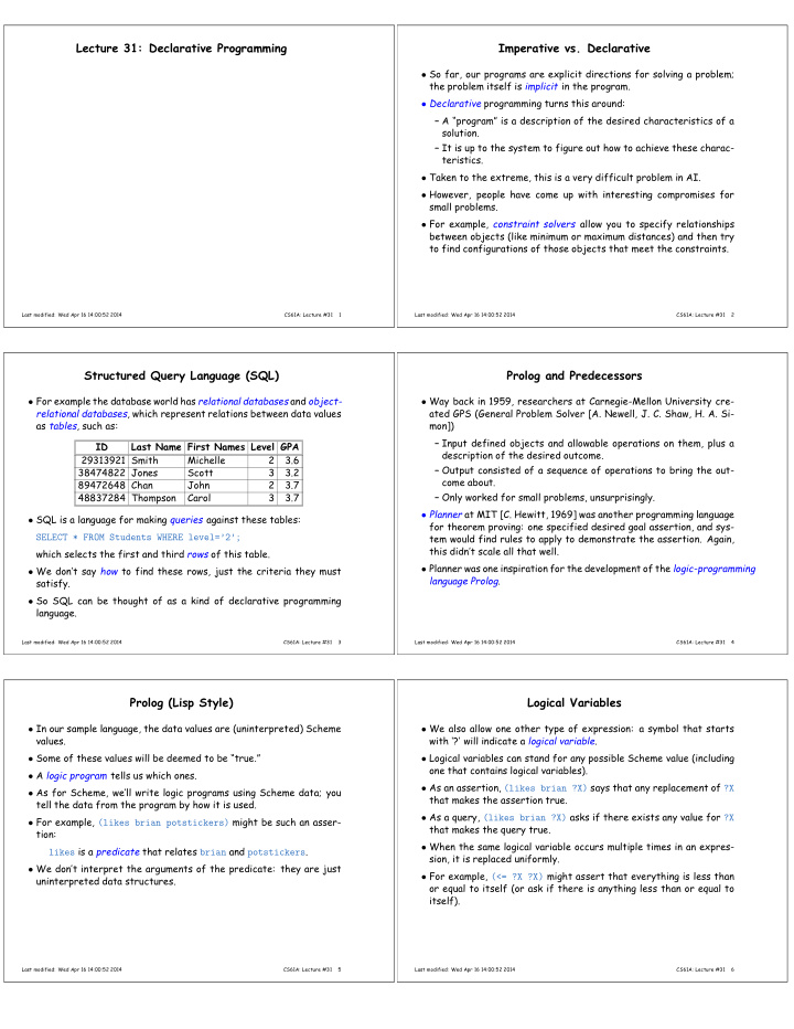 lecture 31 declarative programming imperative vs