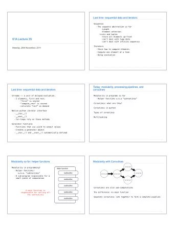 61A Lecture 35 ! cant deal with huge data ! cant deal with infinite sequences  Iterators
