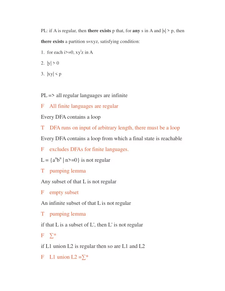 pl all regular languages are infinite f all finite