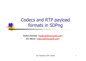 Codecs and RTP payload  formats in SDPng  Anders Klemets &lt;anderskl@microsoft.com&gt;  Jim Alkove