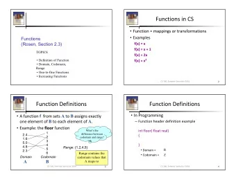 Functions  (Rosen, Section 2.3)  TOPICS   Definition of Function   Domain,