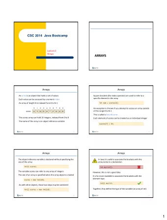 1  Arrays  Arrays  The array's element type is the type of values it stores  The size of an array