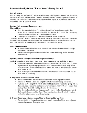 Presentation by Diane Chin of ACO Cobourg Branch Introduction  Your Worship and Members of Council;