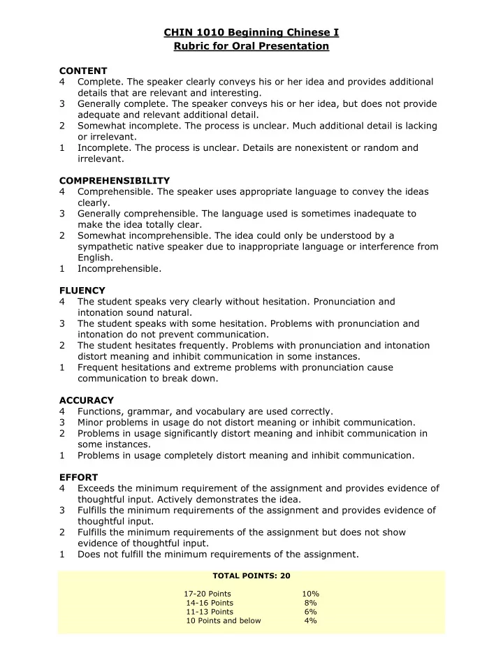 chin 1010 beginning chinese i rubric for oral presentation