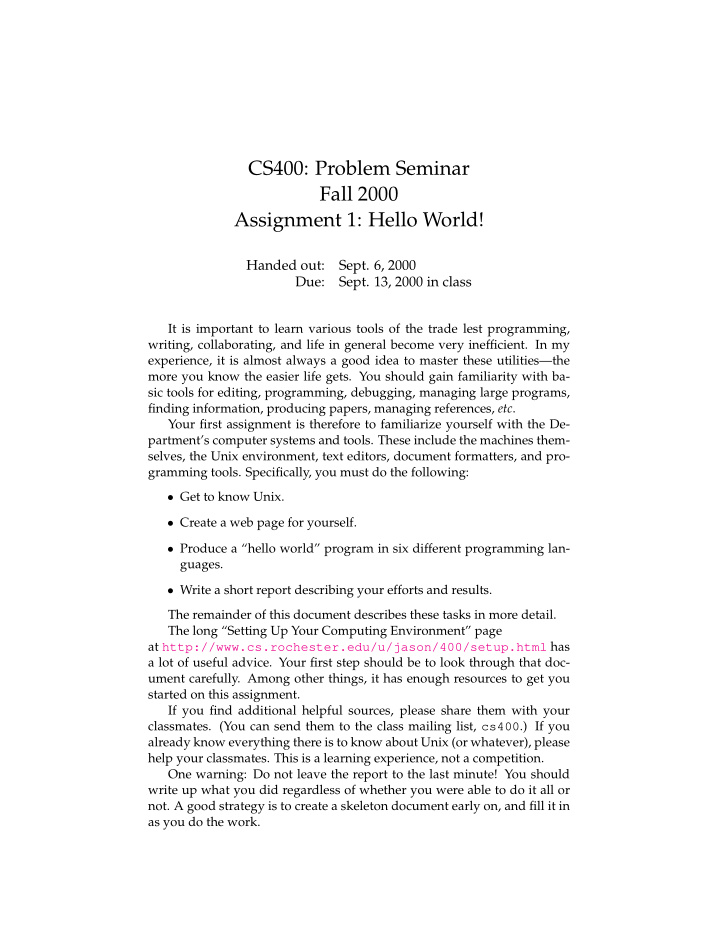 cs400 problem seminar fall 2000 assignment 1 hello world