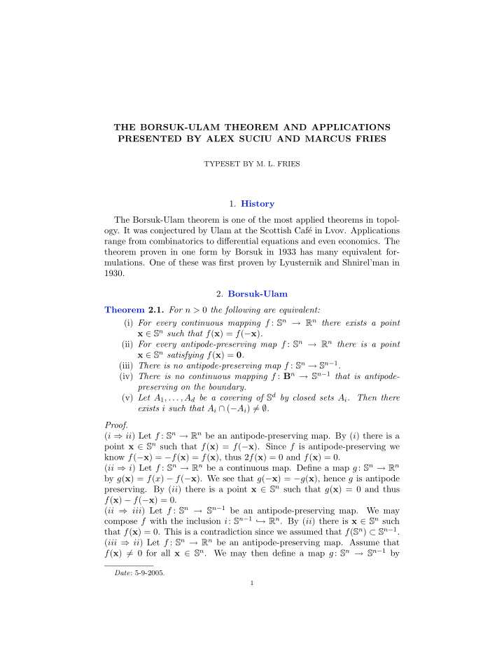 the borsuk ulam theorem and applications presented by