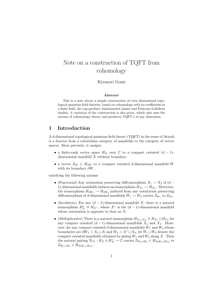 note on a construction of tqft from cohomology