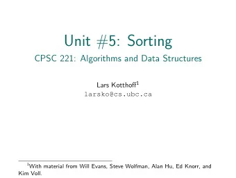 Unit #5: Sorting  CPSC 221: Algorithms and Data Structures Lars Kotthoff 1  larsko@cs.ubc.ca 1 With