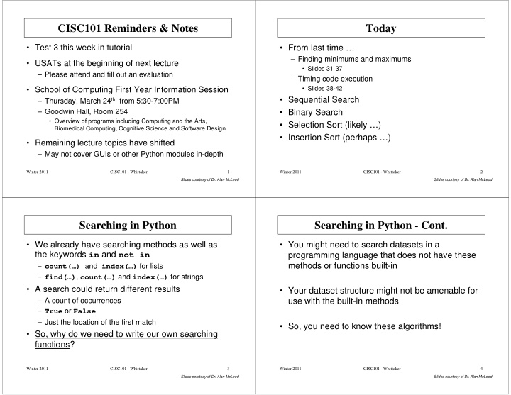 cisc101 reminders notes today