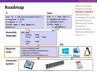 Roadmap  Integers &amp; floats  Machine code &amp; C  C:  Java:  x86 assembly  car *c =