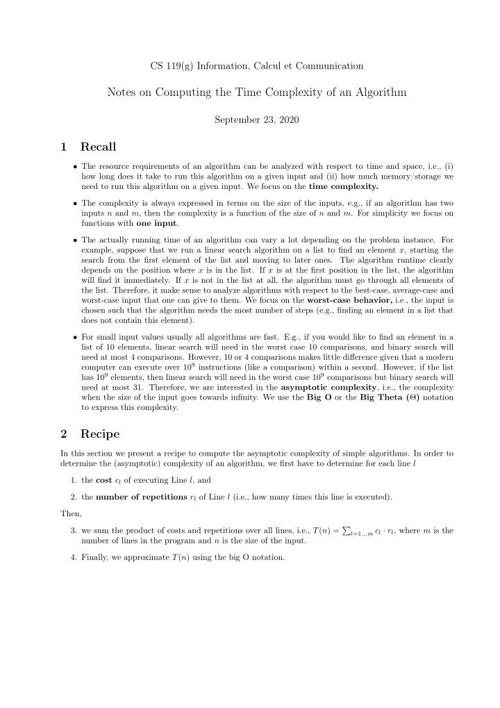 notes on computing the time complexity of an algorithm