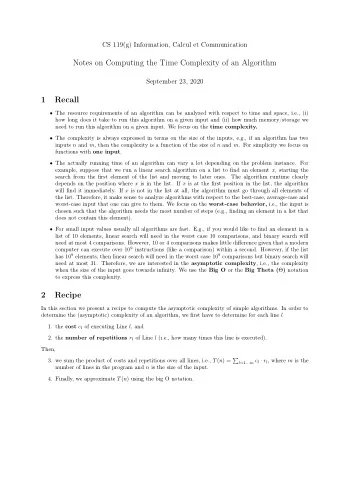 Notes on Computing the Time Complexity of an Algorithm  September 23, 2020  1  Recall  The