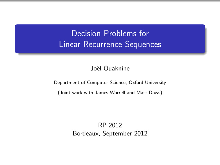 decision problems for linear recurrence sequences