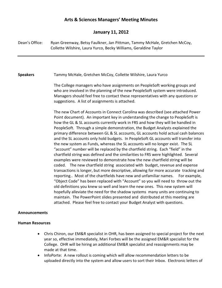 arts amp sciences managers meeting minutes january 11 2012