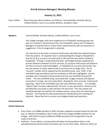 Arts &amp; Sciences Managers Meeting Minutes  January 11, 2012  Deans Office:  Ryan Greenway,