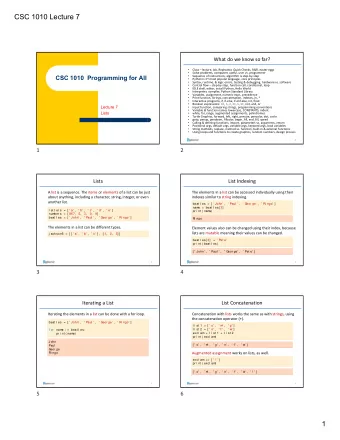 CSC 1010 Lecture 7  What do we know so far?    Class  lecture, lab, Rephactor, Quick Checks,