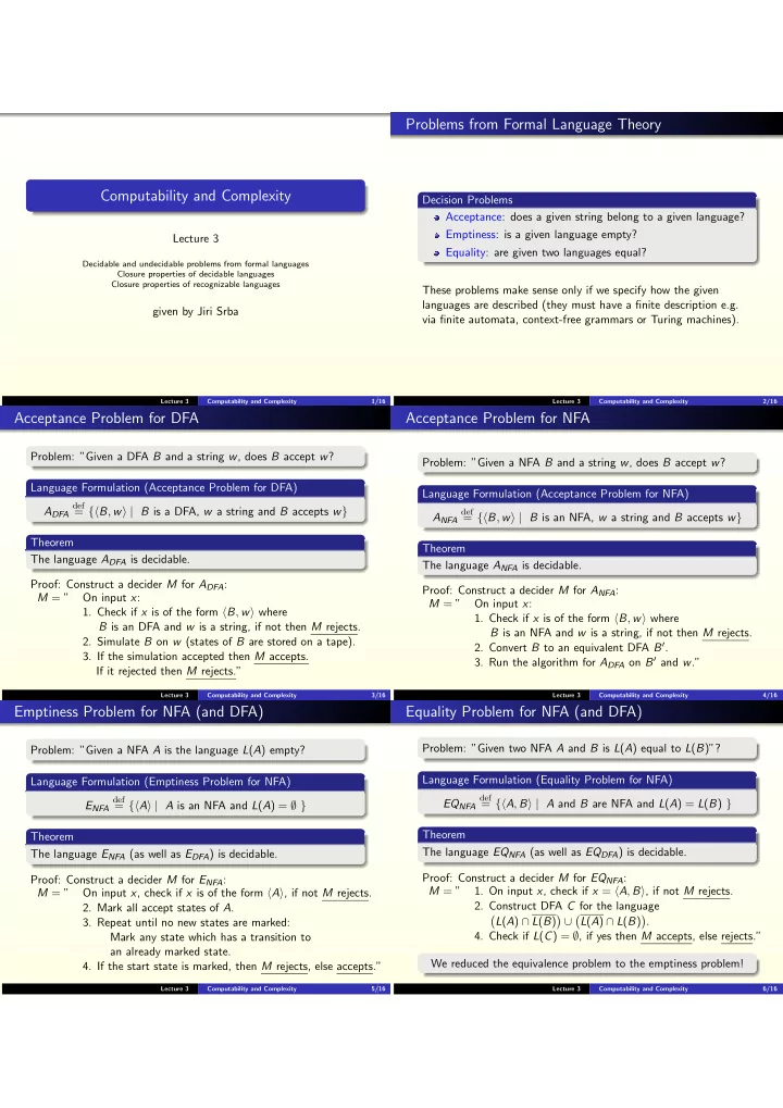 problems from formal language theory computability and