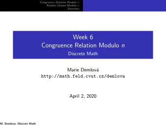 Week 6 Congruence Relation Modulo n  Discrete Math  Marie Demlov