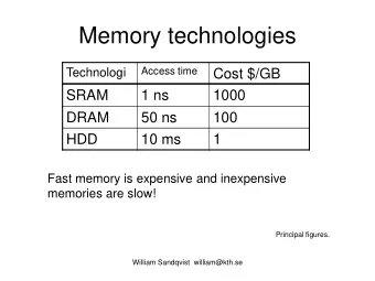 Memory technologies  Access time  Technologi  Cost $/GB  SRAM  1 ns  1000  DRAM  50 ns  100  HDD