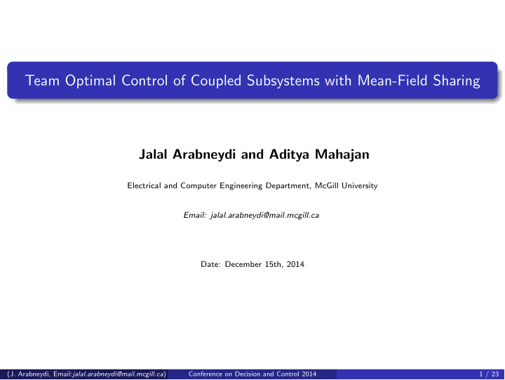 team optimal control of coupled subsystems with mean
