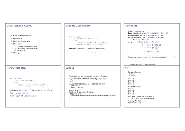 cs70 lecture 8 outline extended gcd algorithm correctness