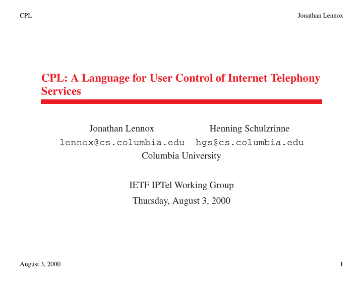 cpl a language for user control of internet telephony