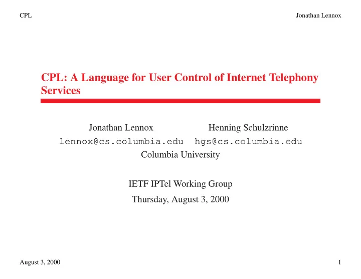 cpl a language for user control of internet telephony