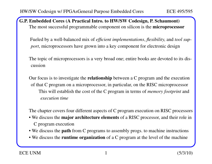 hw sw codesign w fpgasgeneral purpose embedded cores ece