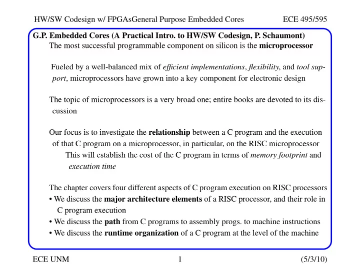 hw sw codesign w fpgasgeneral purpose embedded cores ece