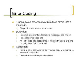 Error Coding  Transmission process may introduce errors into a    message.  Single bit errors