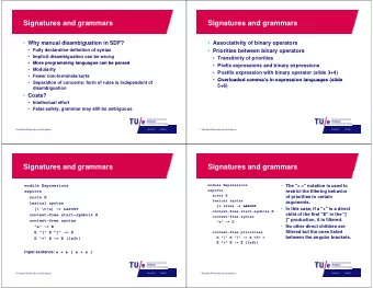 Signatures and grammars  Signatures and grammars  Why manual disambiguation in SDF?