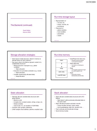 10/29/2008  Run-time storage layout  Representation of  int, bool, etc.  arrays, records,