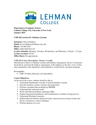 Department of Computer Science Lehman College, City University of New York  Summer 2019 CMP 420