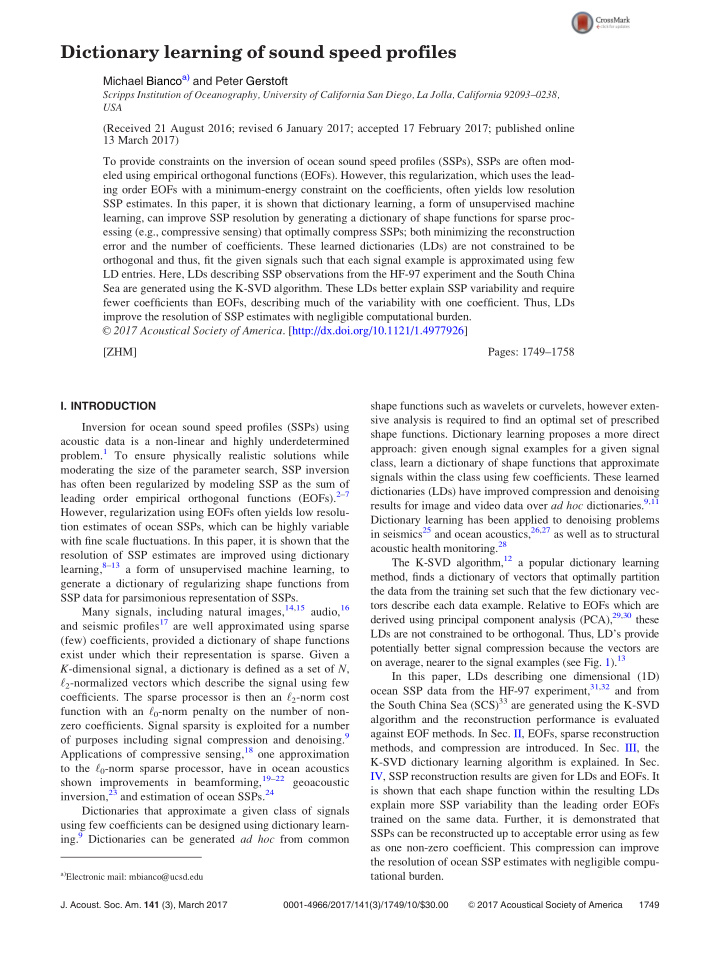 dictionary learning of sound speed profiles