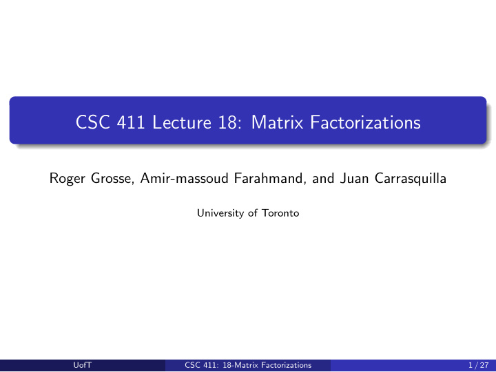csc 411 lecture 18 matrix factorizations